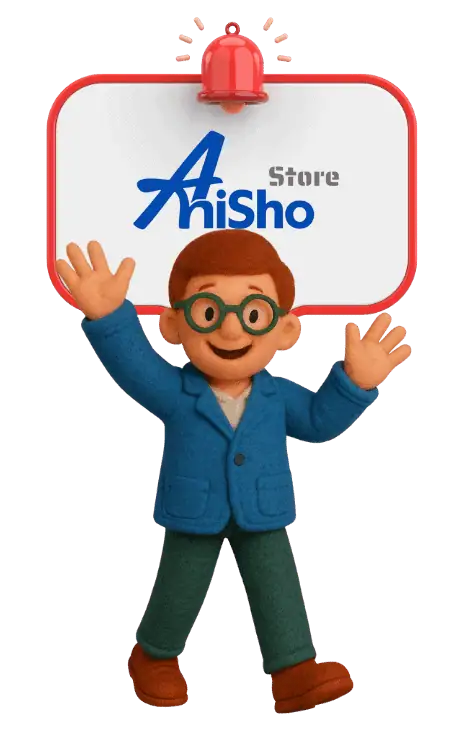پایه ALT: شخصیت کارتونی مایل به سبز و آبی با عینک بزرگ و دست‌های باز، در مقابل تابلو تبلیغاتی فروشگاه Anisho با علامت زنگ قرمز.