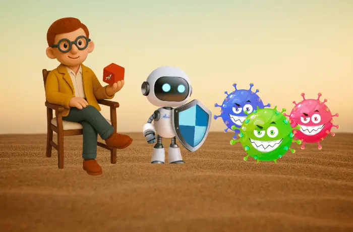 خدیو پیشنهاد می‌شود، تصویر یک ربات و فردی هوشمند در کنار ویروس‌های رنگارنگ و خنده‌دار، نماد محافظت و فناوری در برابر بیماری‌ها برای فروشگاه آنیشو است.