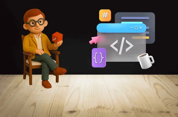 تگ alt: مرد کارتونی در حال کدنویسی با پس‌زمینه دیجیتال، نمادهای برنامه‌نویسی و کدهای HTML، طراحی مدرن و جذاب، برای سایت‌های فناوری و توسعه وب.