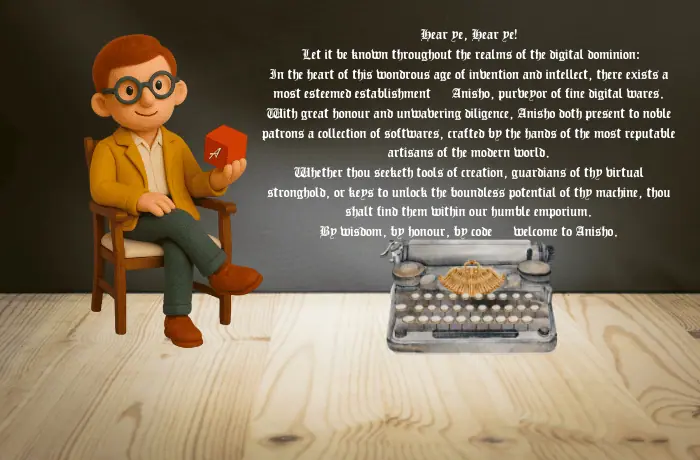 پایه بلند، شخصیت کارتونی مرد هنرمند در حال نوشتن روی تخته سیاه با متن خوش‌آمدگویی و شعارهای دیجیتال برند انیشو.