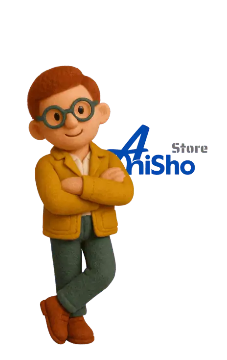 کودک عروسکی با عینک و لباس رنگی در کنار لوگوی فروشگاه انیشو.