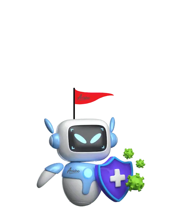 روبات هوشمند با پرچم و سپر ضد ویروس, نماد محافظت دیجیتال.